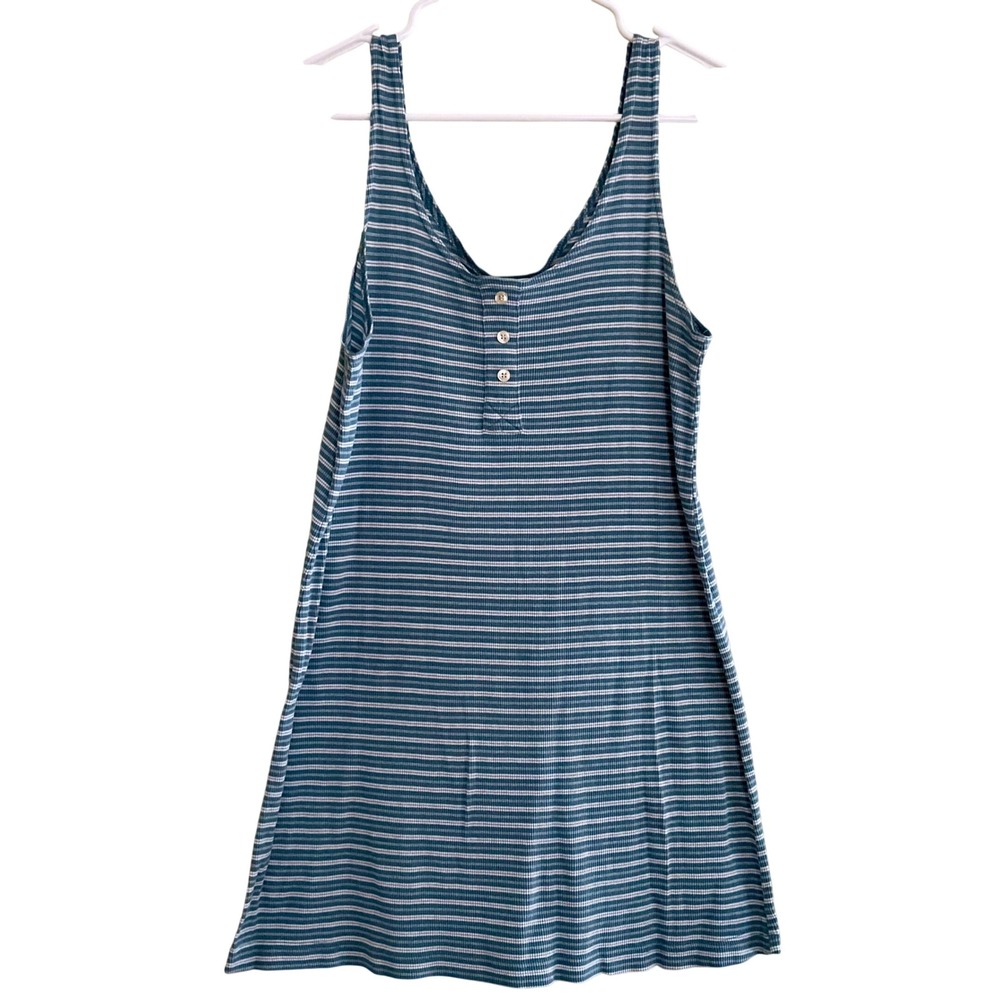 Vintage 90s Delicates Teal Striped Ribbed Henley Sleeveless Knit Mini Dress Y2K